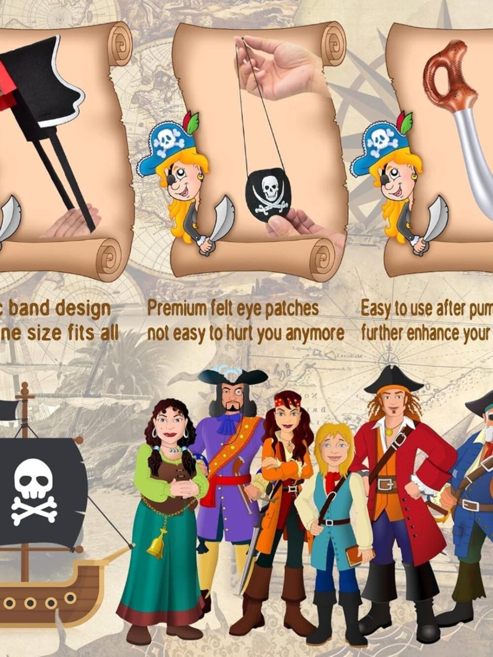 18 Pcs Pirate Party Accessories for Kids, 6 Hats 6 Patches 6 Swords - Picture 5 of 7